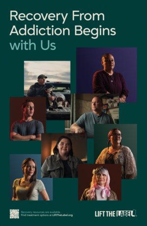 Text reads "Recovery From Addiction Begins with Us" with images of different people in recovery.